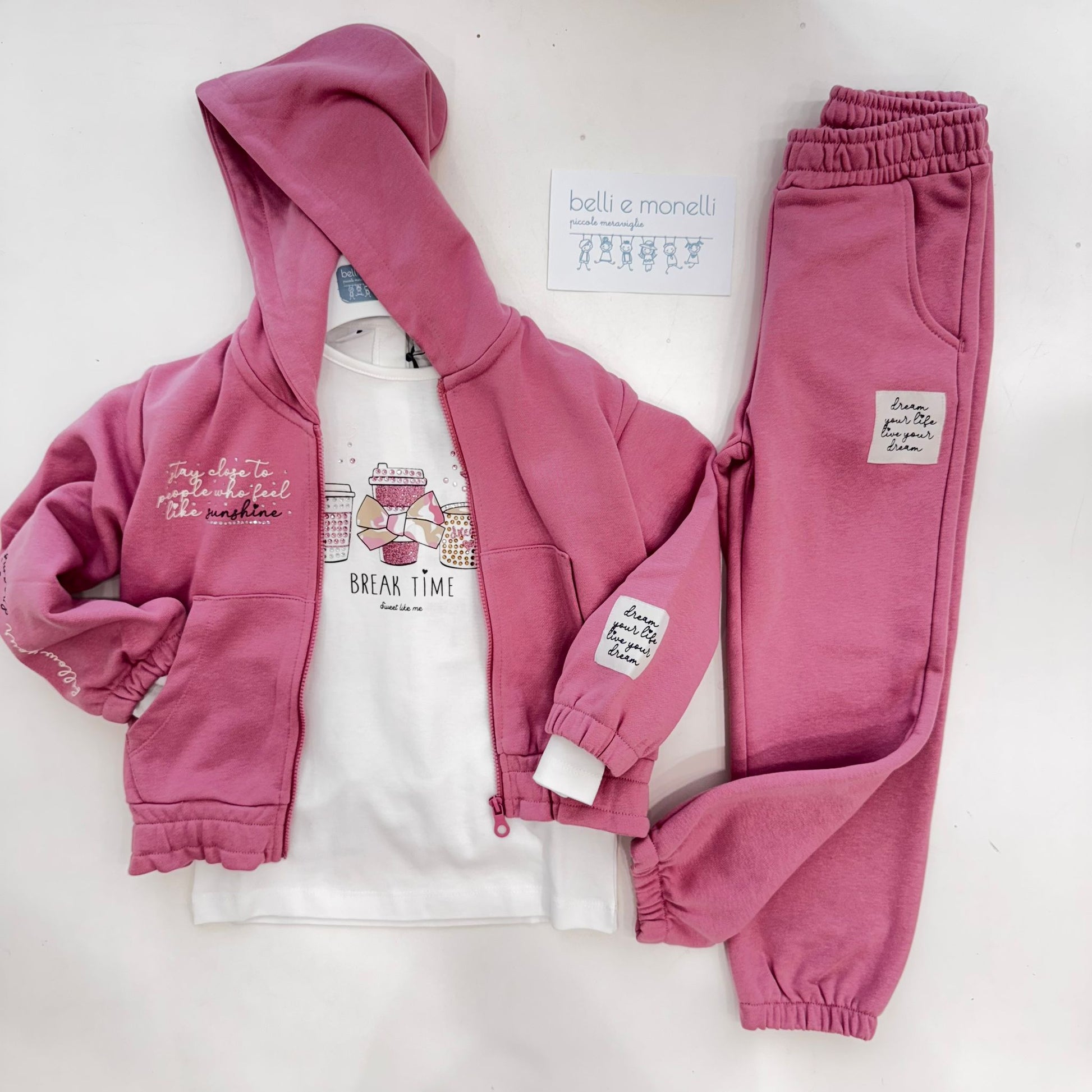 completo bambina cotone rosa felpa t-shirt e pantaloni
