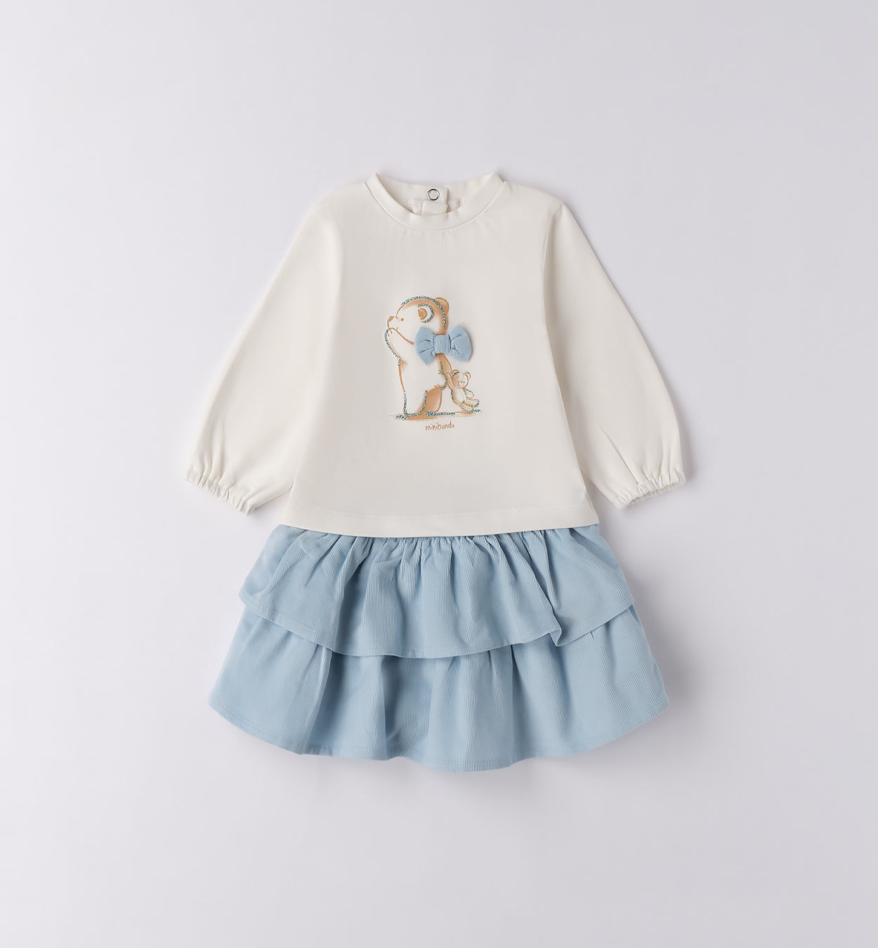 completo bambina due pezzi maglia panna e gonna azzurra fronte
