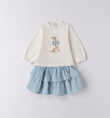 completo bambina due pezzi maglia panna e gonna azzurra fronte