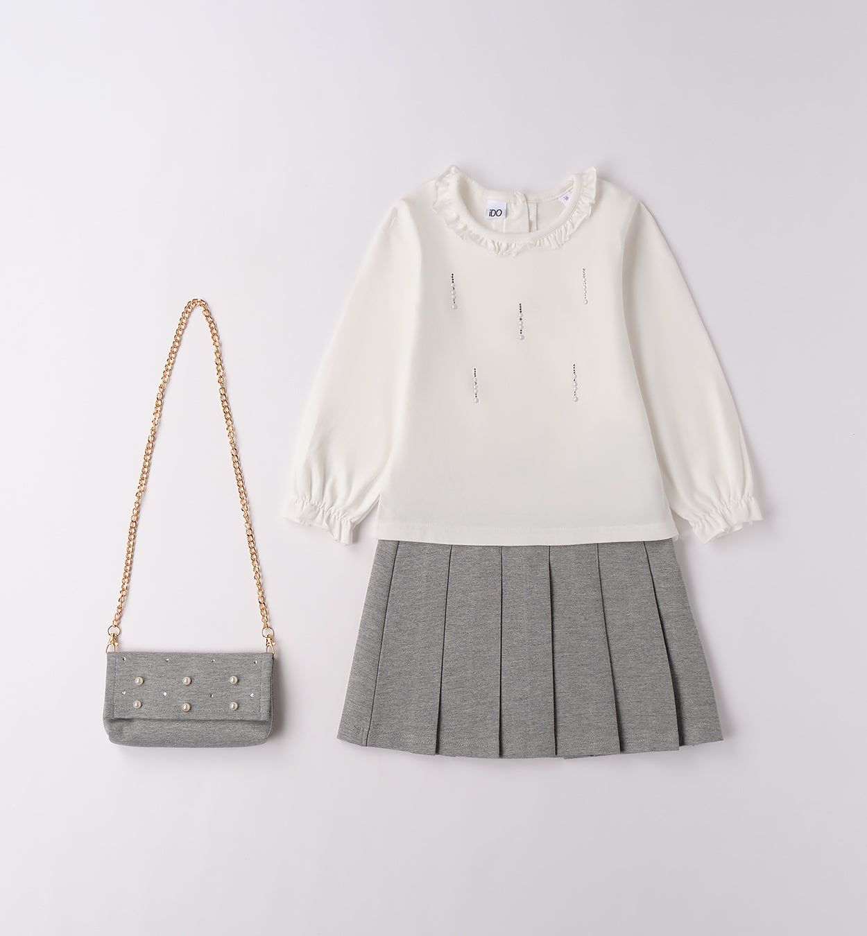 completo bambina elegante bianco e grigio con borsetta