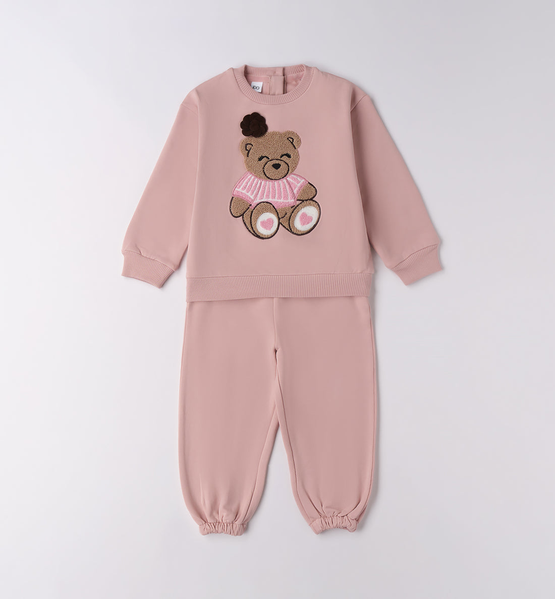 completo bambina rosa con felpa orsetto ricamato e pantaloni frontale