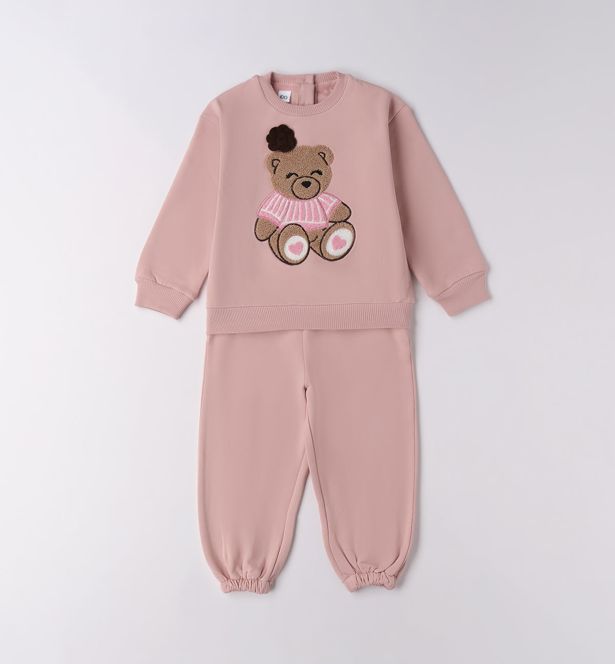 completo bambina rosa con felpa orsetto ricamato e pantaloni frontale