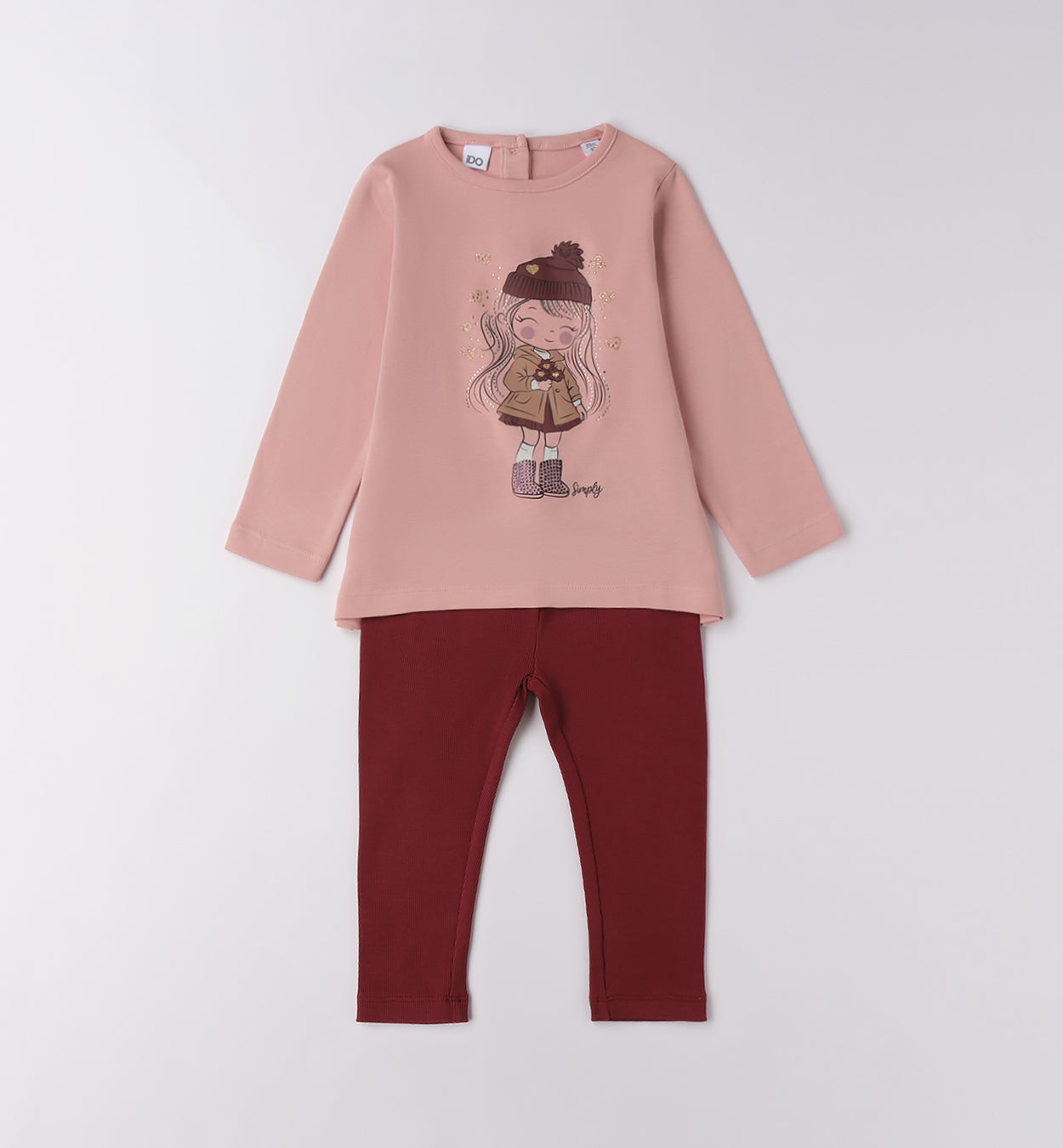 completo bambina rosa con maglia stampata e leggings bordeaux