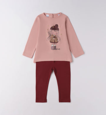 completo bambina rosa con maglia stampata e leggings bordeaux