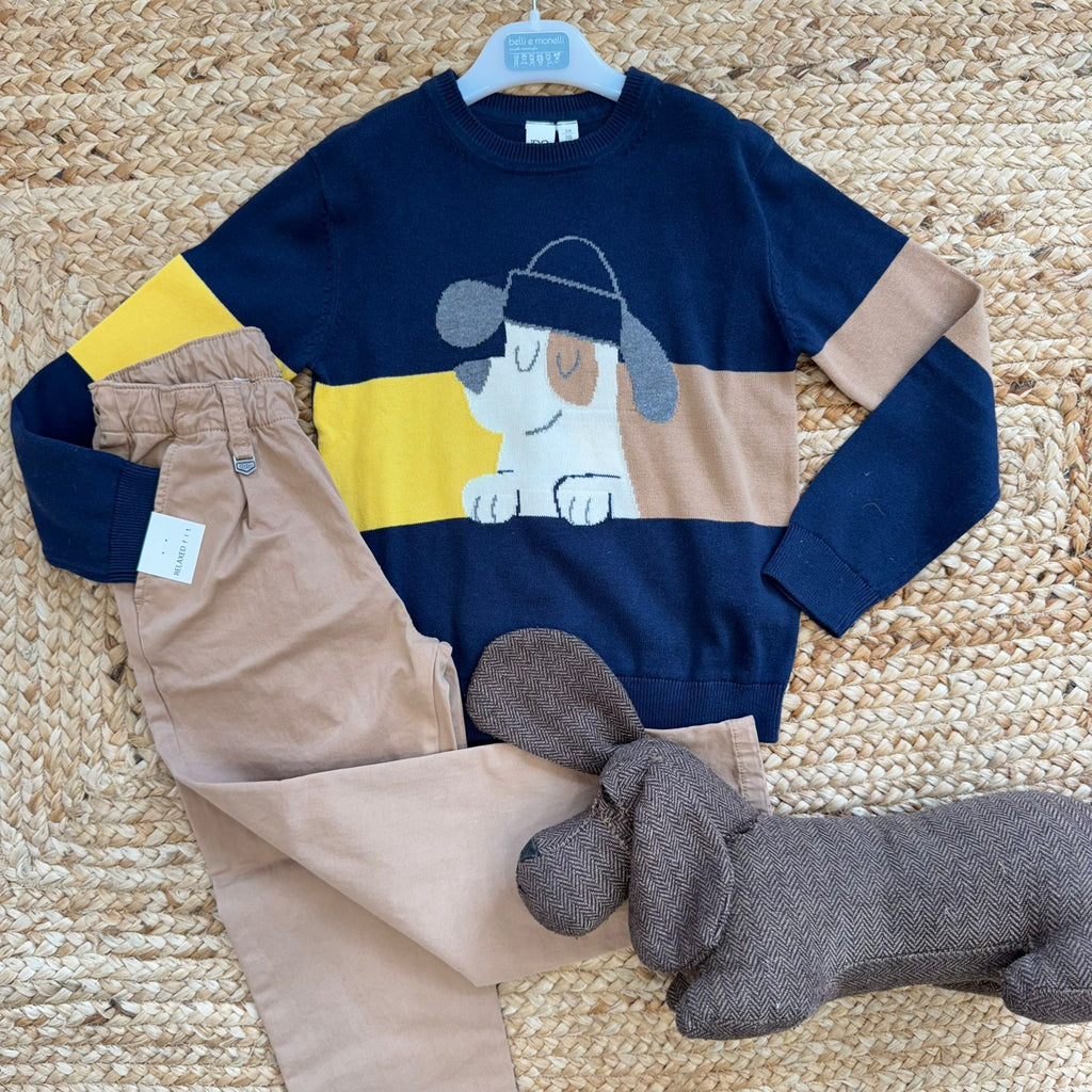 completo bambino caldo cotone blu e cammello con maglia cagnolino e pantaloni coordinati