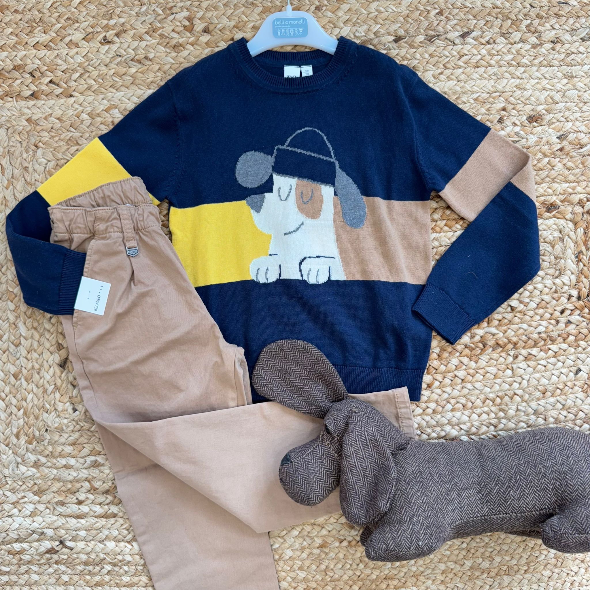 completo bambino caldo cotone blu e cammello con maglia cagnolino e pantaloni coordinati