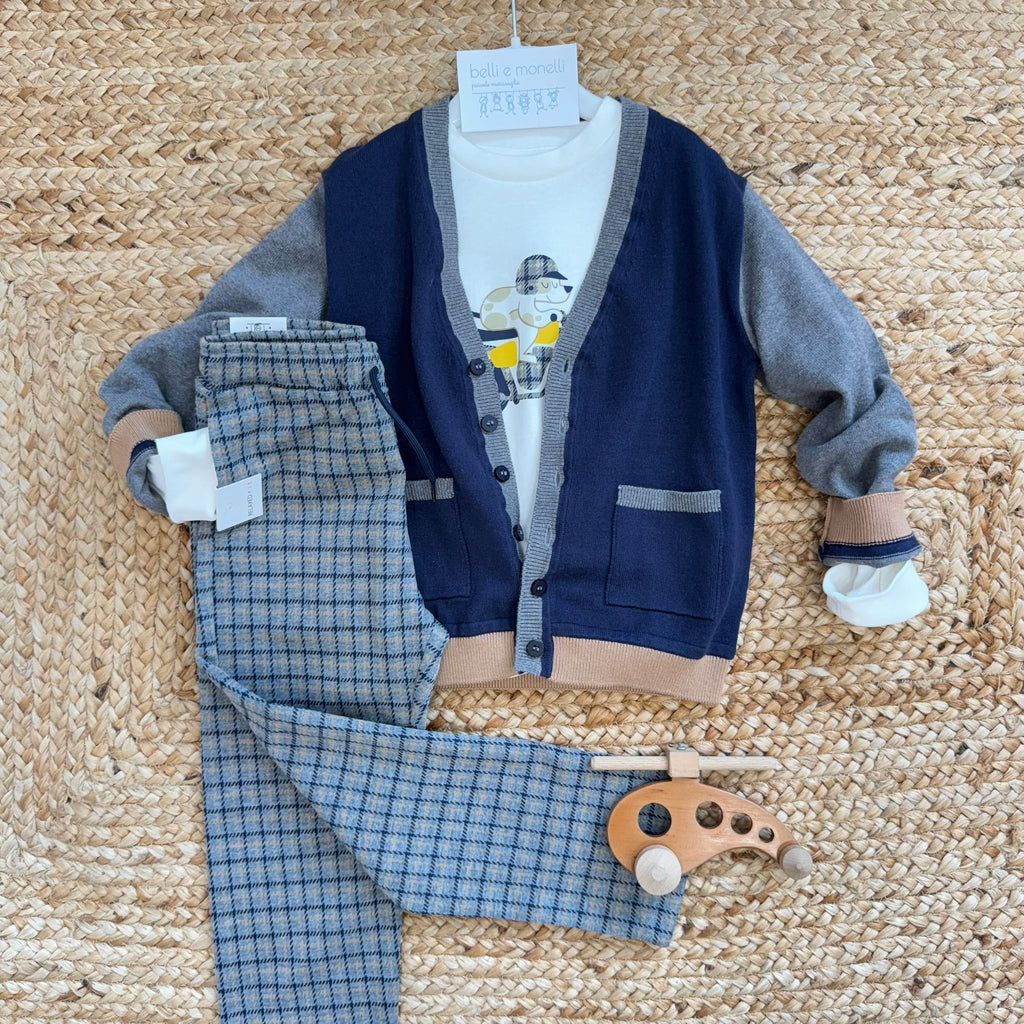 completo bambino caldo cotone blu e grigio con cardigan, t-shirt e pantaloni a quadri