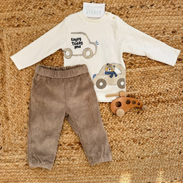 completo bambino con maglia panna stampa orsetto e pantalone velluto beige