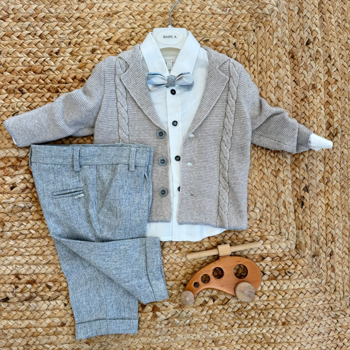 completo battesimo bimbo grigio perla con cardigan a trecce e papillon