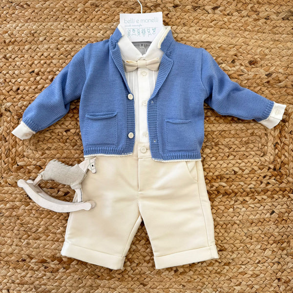 completo battesimo bimbo in cotone panna e celeste