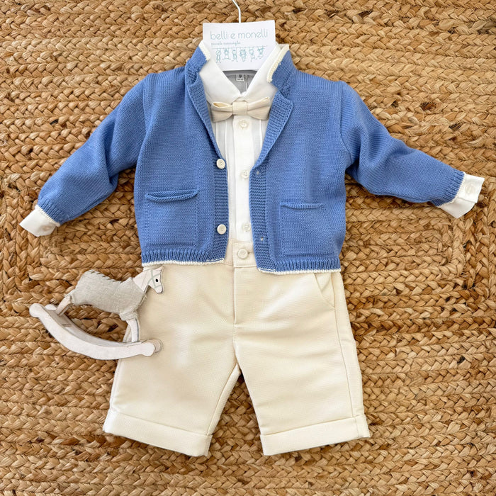 completo battesimo bimbo in cotone panna e celeste