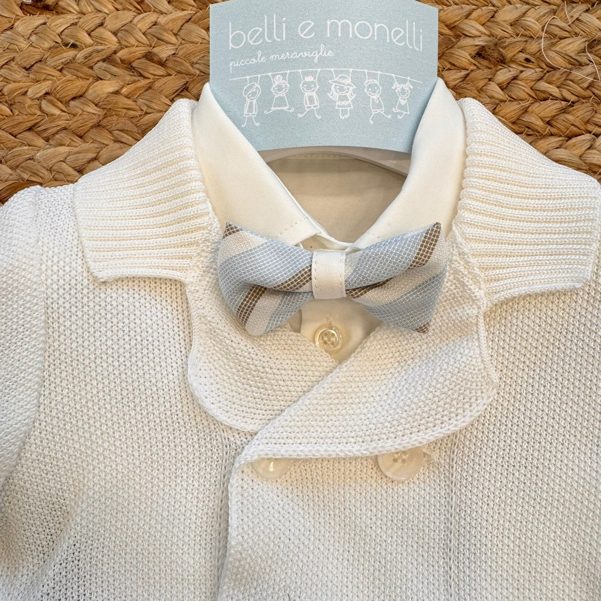 completo battesimo neonato lino e cotone a righe con giacca e papillon