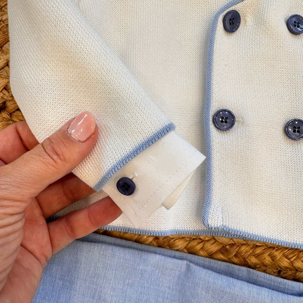 completo battesimo neonato lino e cotone con giacca doppiopetto e papillon blu