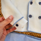 completo battesimo neonato lino e cotone con giacca doppiopetto e papillon blu