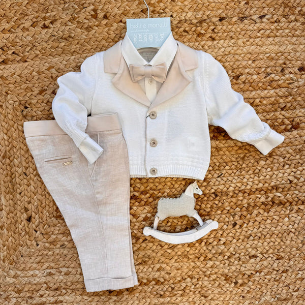 completo battesimo neonato lino e cotone con giacca e papillon beige