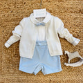 completo battesimo neonato velluto azzurro con cardigan panna