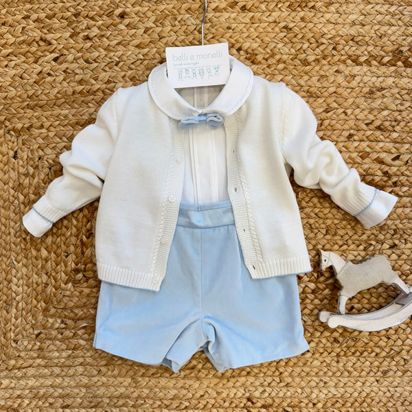 completo battesimo neonato velluto azzurro con cardigan panna