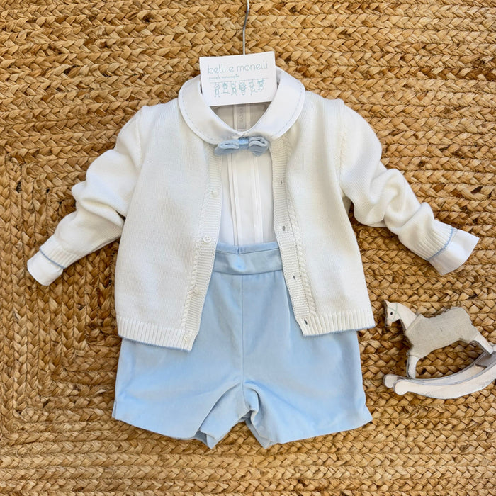 completo battesimo neonato velluto azzurro con cardigan panna
