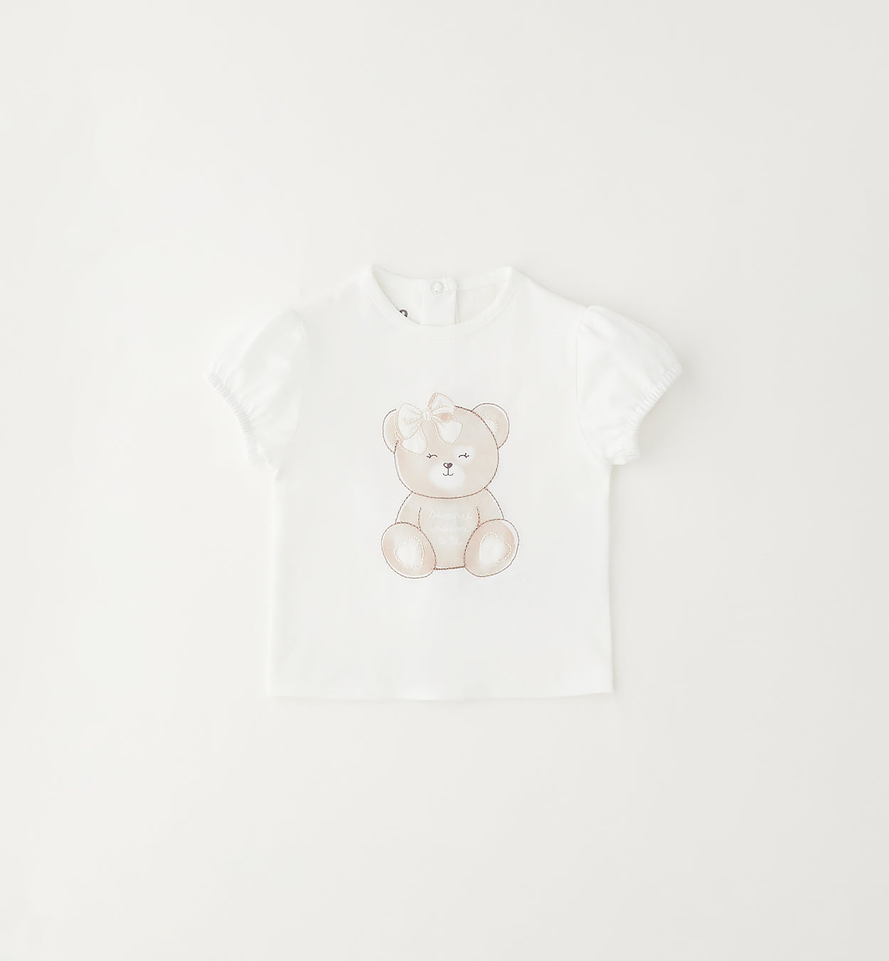 completo bimba estivo con maglia bianca orsetto e pantaloncino floreale rosa