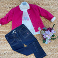 completo bimba fucsia con cardigan, t-shirt e jeans