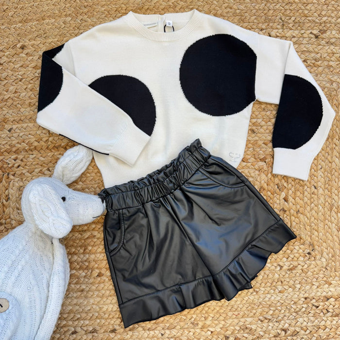 completo bimba maglia pois e shorts ecopelle neri