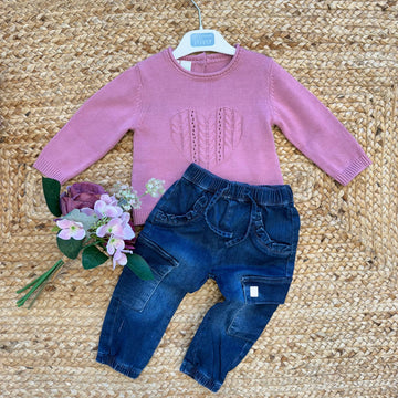 completo bimba rosa con maglia cuore e jeans