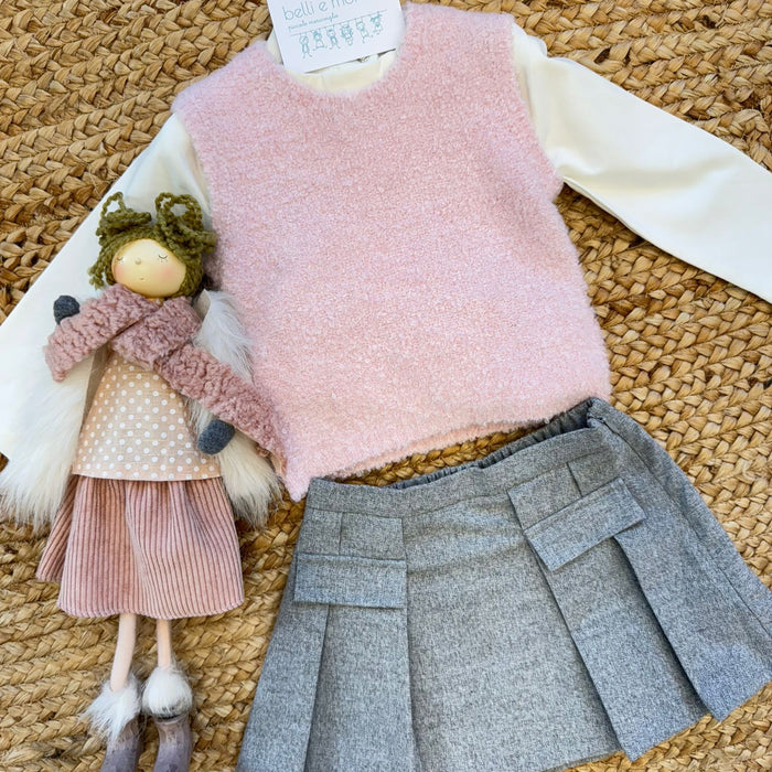 completo bimba rosa e grigio con gilet e gonna