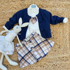 completo bimba scozzese blu e beige con cardigan