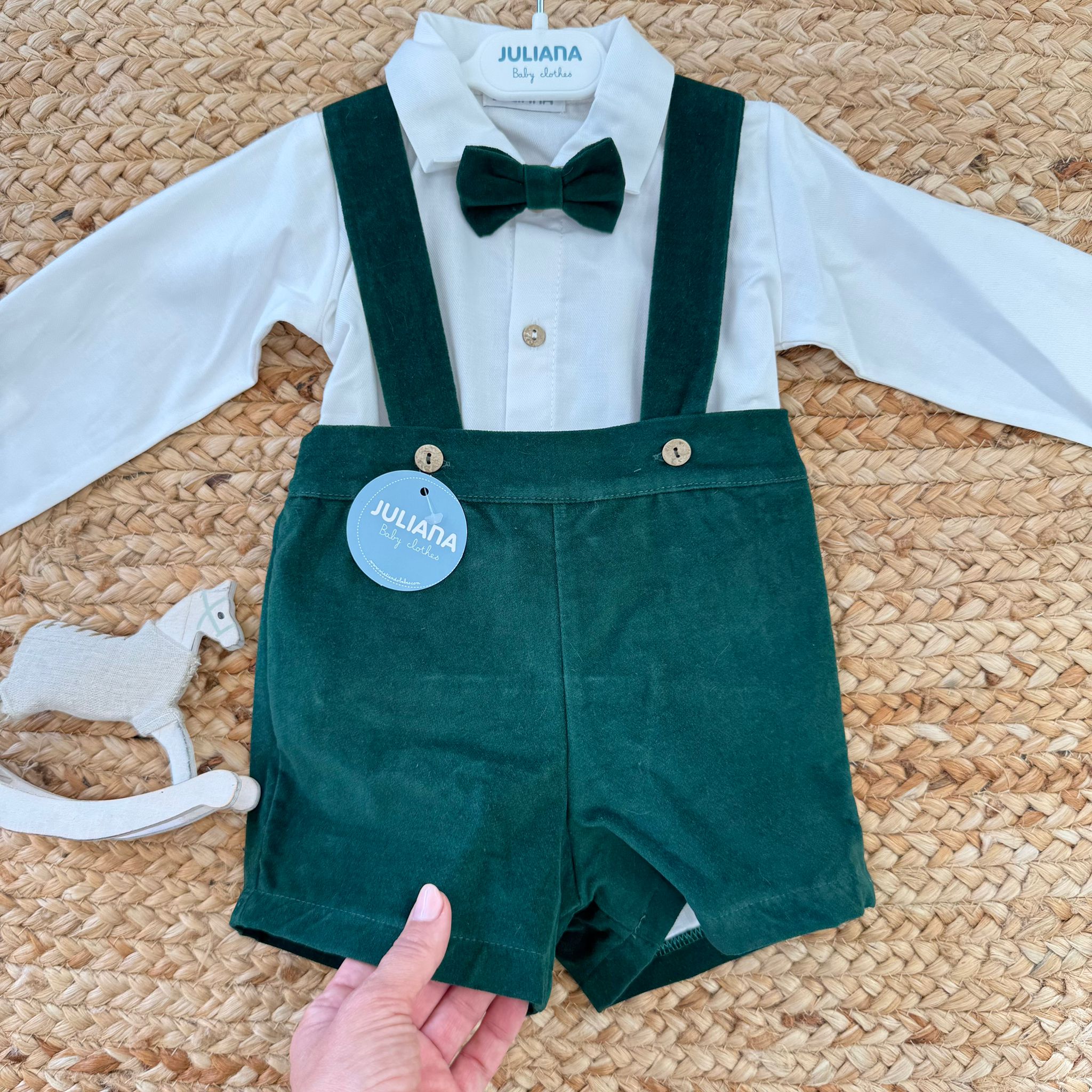 completo bimbo natale verde bosco con papillon e bretelle