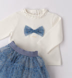 completo due pezzi neonata panna e blu dettaglio fiocco