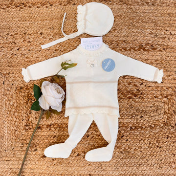 Coordinato panna per neonata con cuffietta, fiocco e pantalone con piedini – Maglia elegante con dettagli beige"