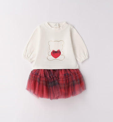 completo natale bambina con orsetto e gonnellina in tulle scozzese