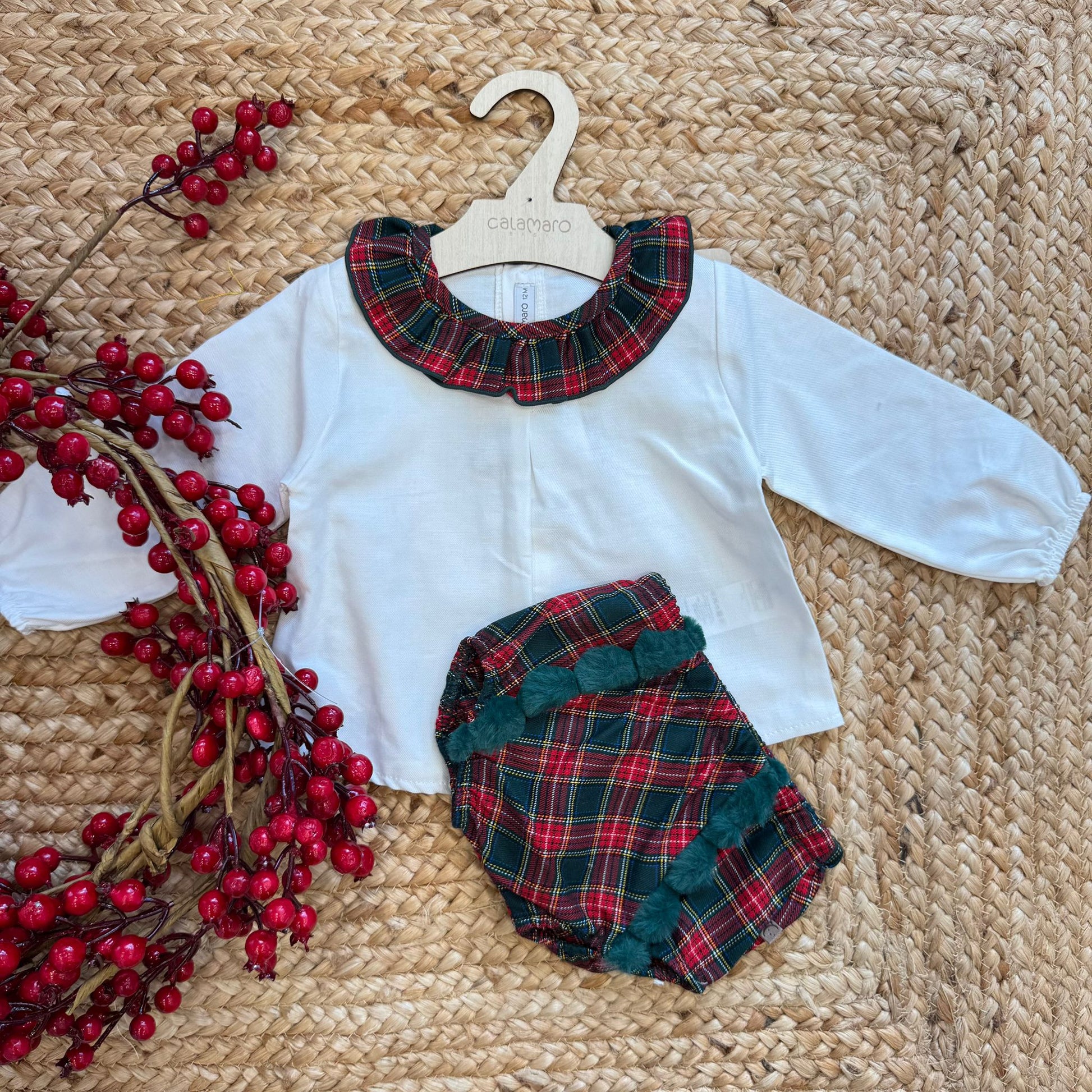 completo natalizio scozzese con colletto e culotte pompon
