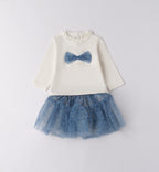 completo neonata caldo cotone panna e blu con fiocco