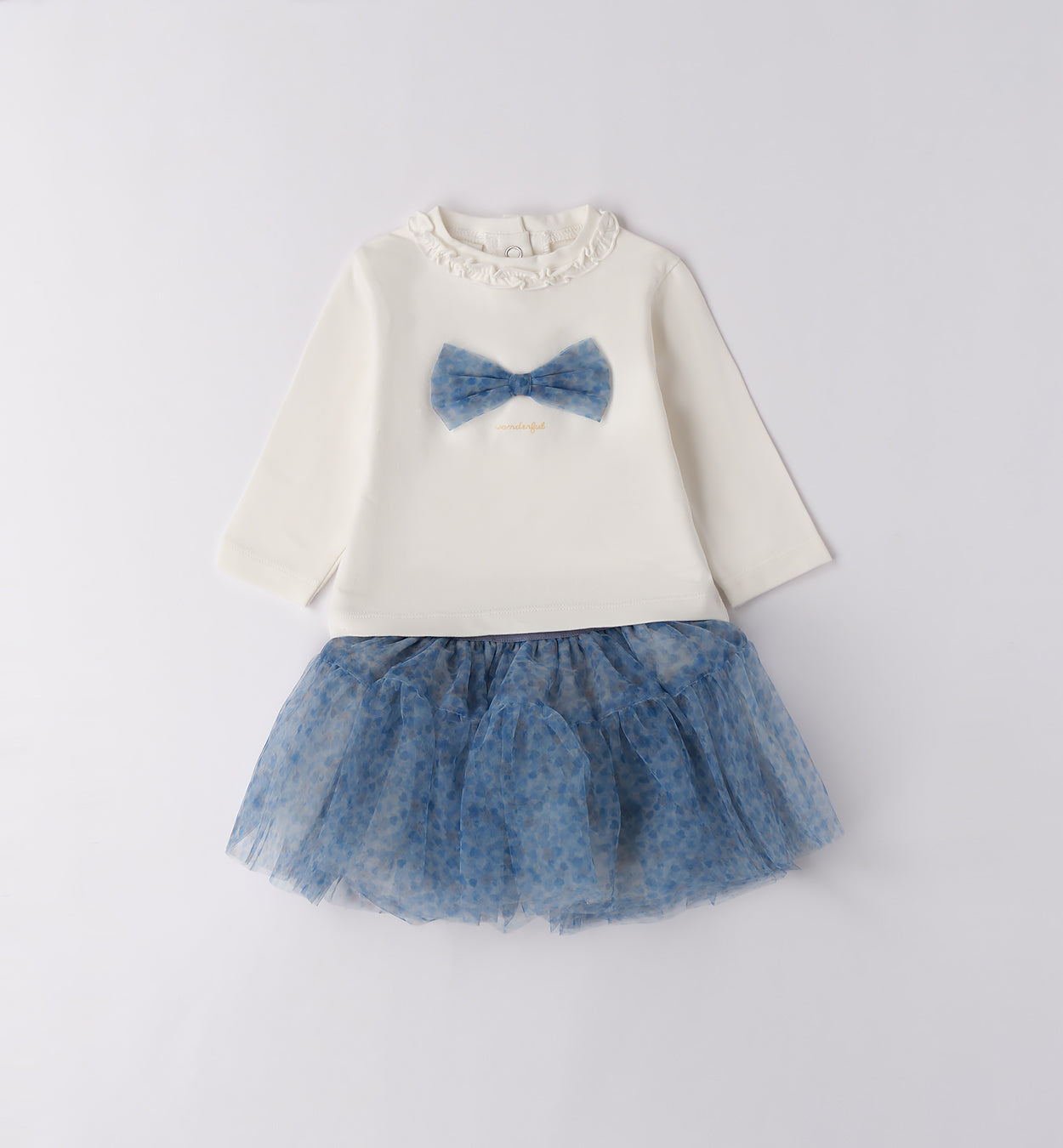 completo neonata caldo cotone panna e blu con fiocco