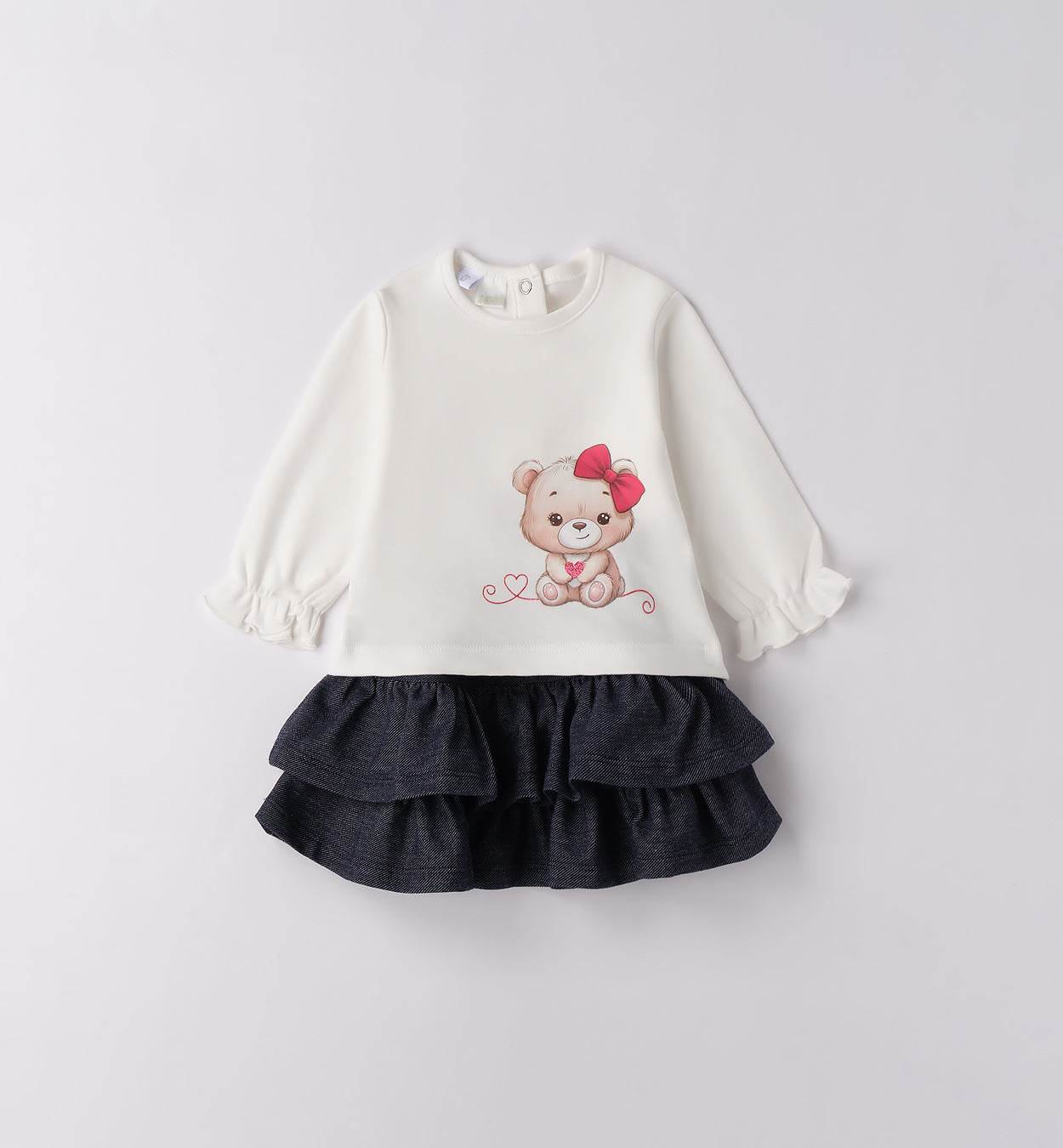 completo neonata caldo cotone panna e blu fronte con gonna a balze