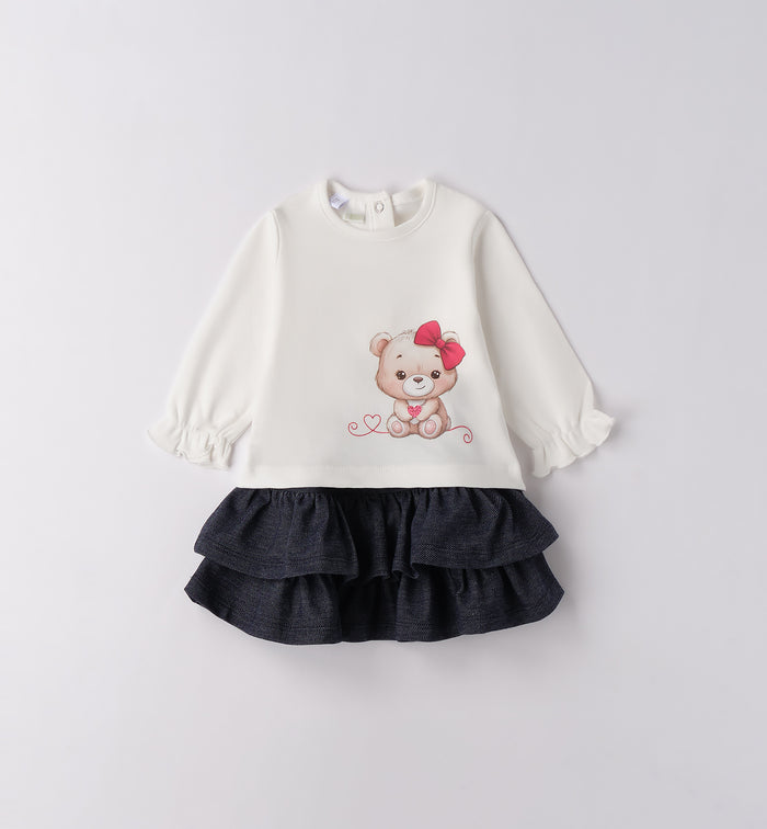 completo neonata caldo cotone panna e blu fronte con gonna a balze