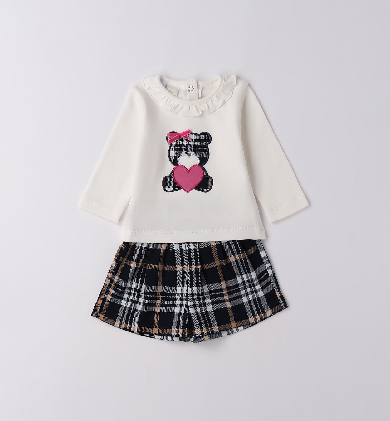 completo neonata caldo cotone panna e pantaloncini quadri fronte