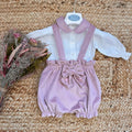 completo neonata in velluto rosa con camicia bianca e fiocco ricamato