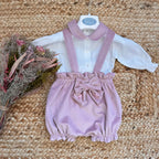 completo neonata in velluto rosa con camicia bianca e fiocco ricamato