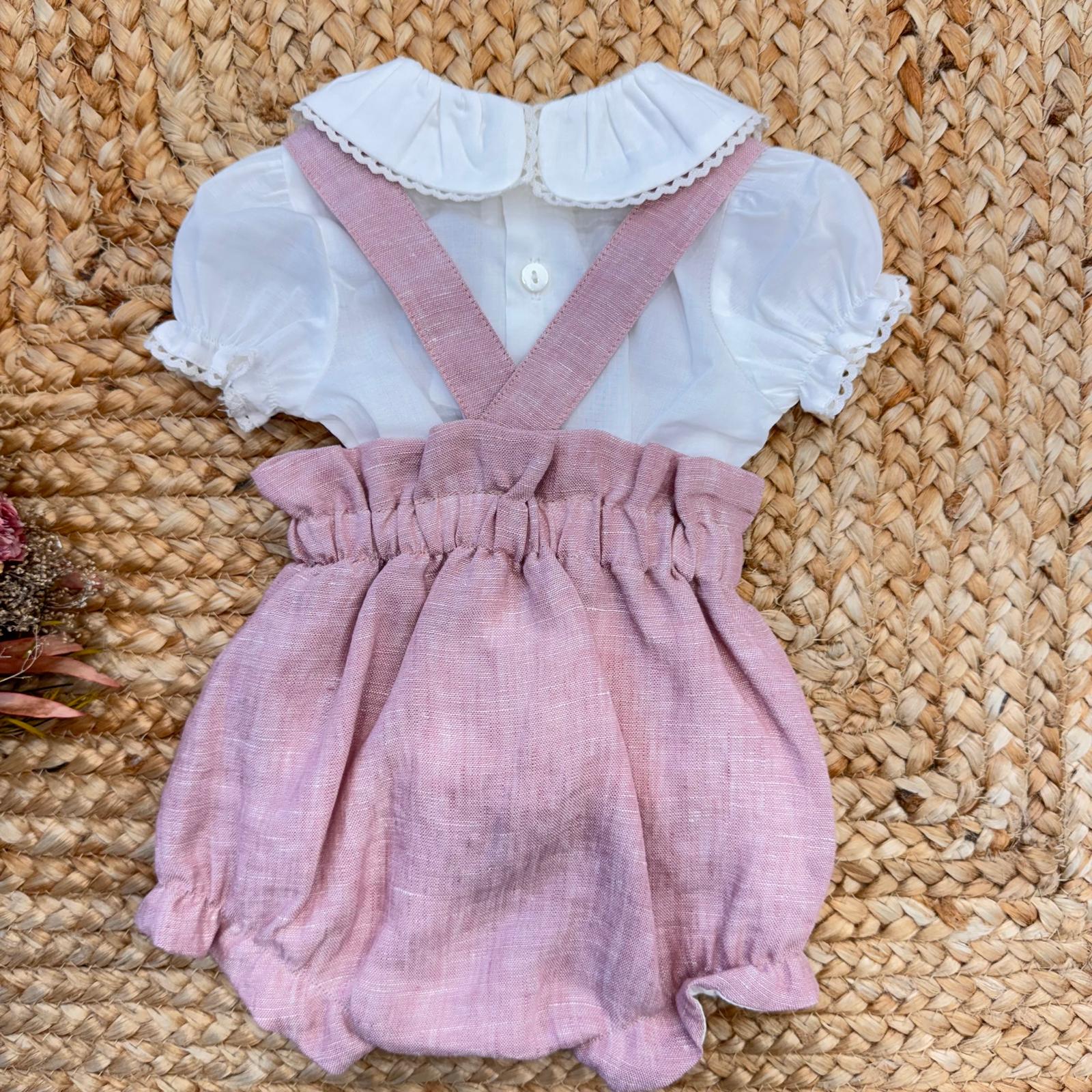 completo neonata lino rosa con camicia cotone colletto ricamato