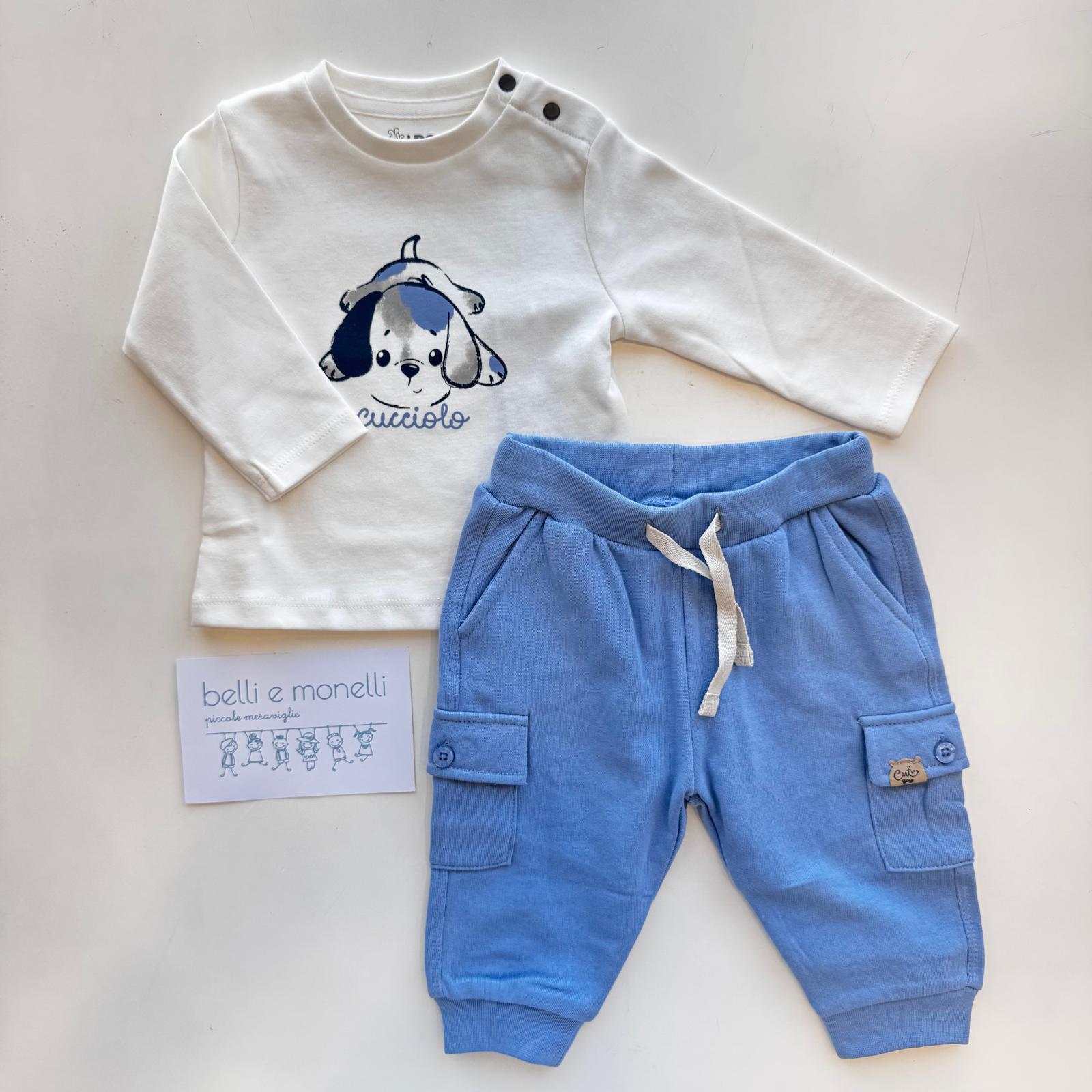 completo neonato cotone bianco e azzurro con maglia e pantaloni