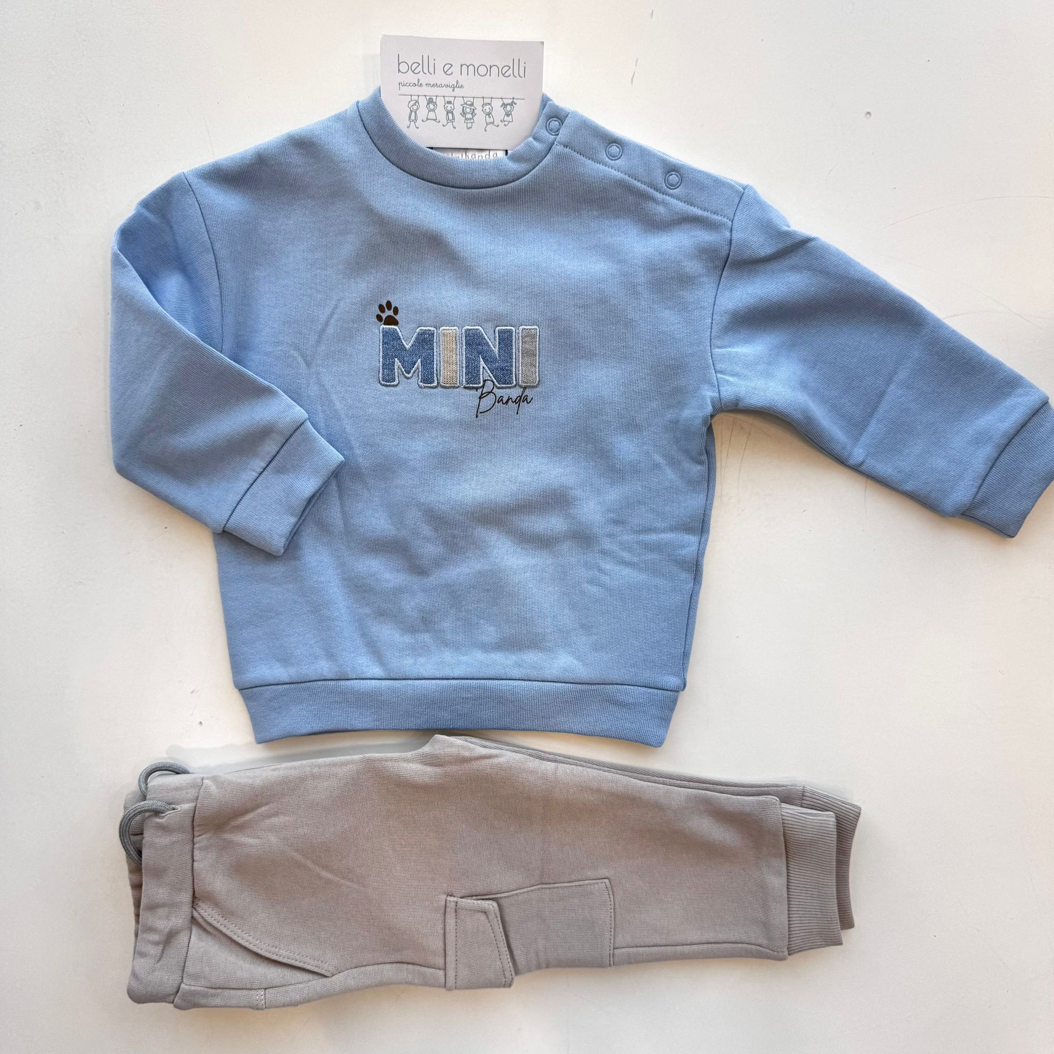 completo neonato cotone mini banda azzurro e beige