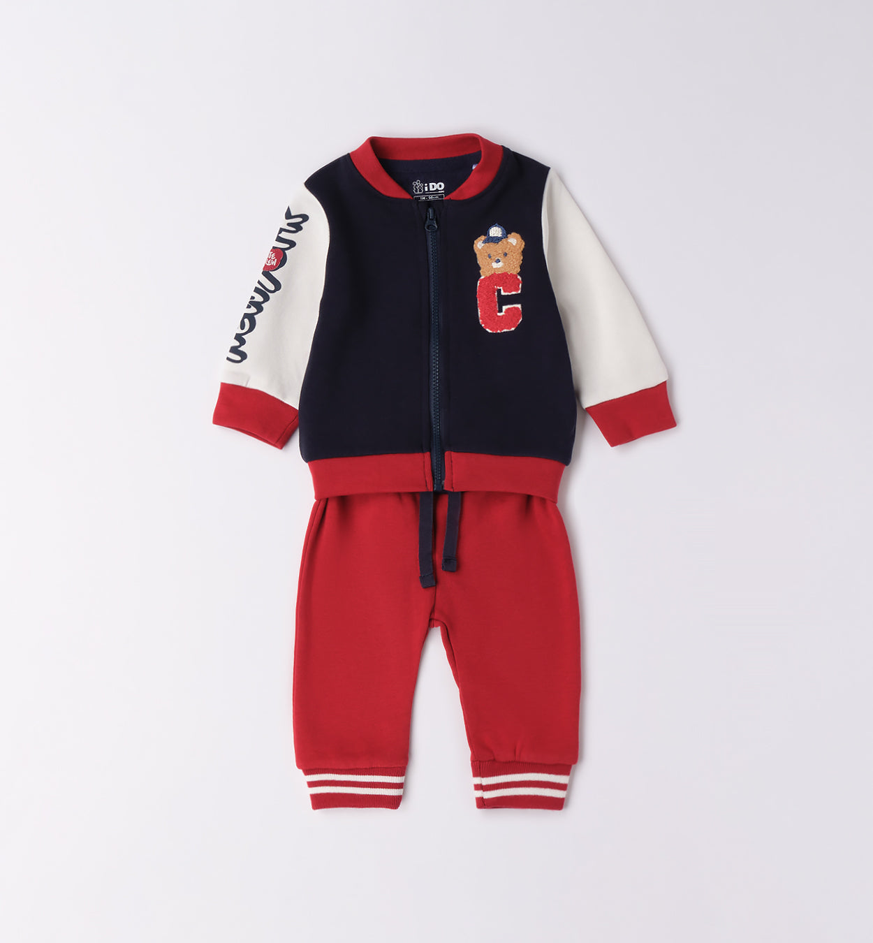 completo neonato cotone rosso e blu con giacca e pantaloni