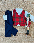completo neonato in caldo cotone con gilet scozzese rosso, camicia bianca e pantaloni blu