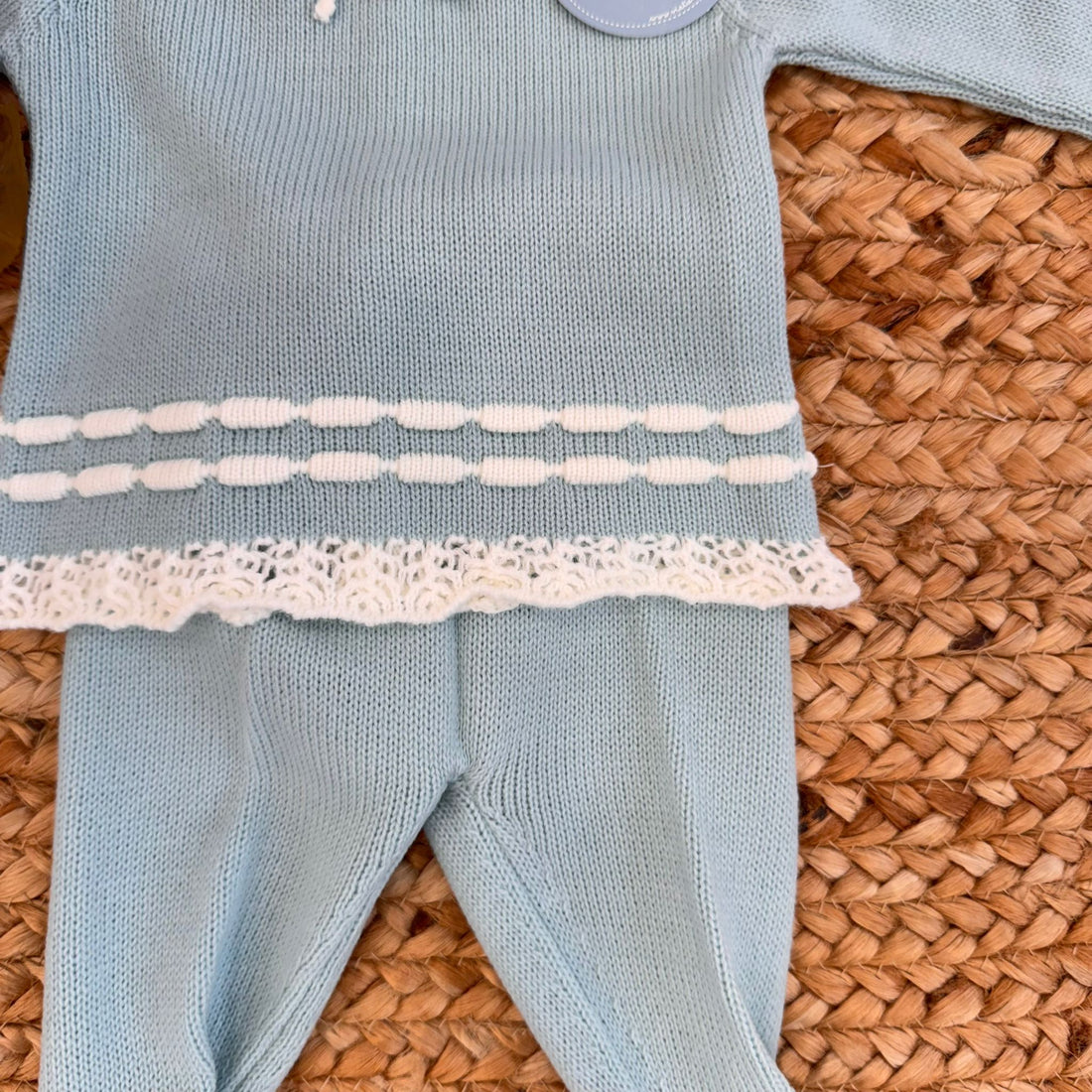 completo tricot turchese neonata con merletto e cuffietta

