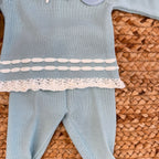 completo tricot turchese neonata con merletto e cuffietta

