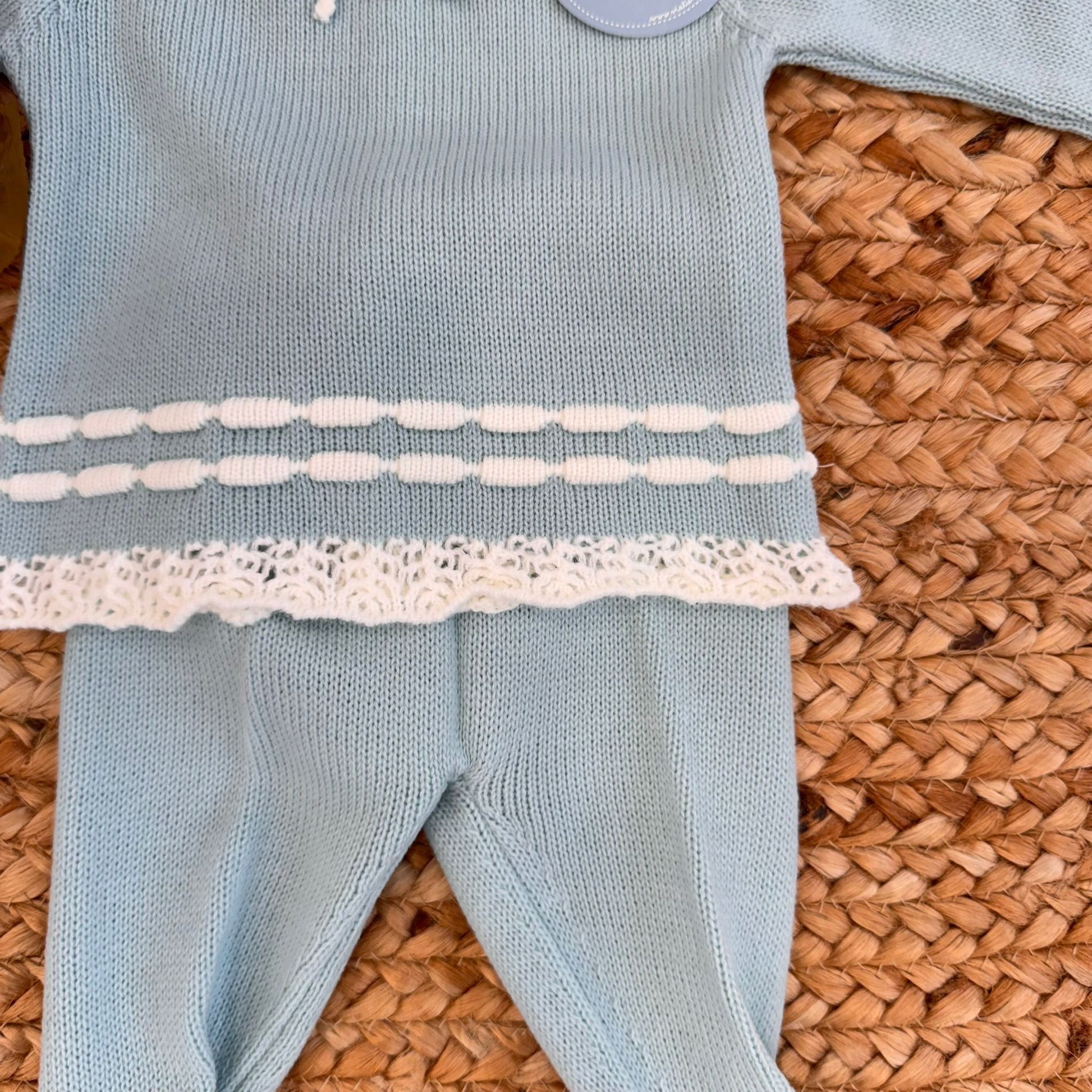 completo tricot turchese neonata con merletto e cuffietta

