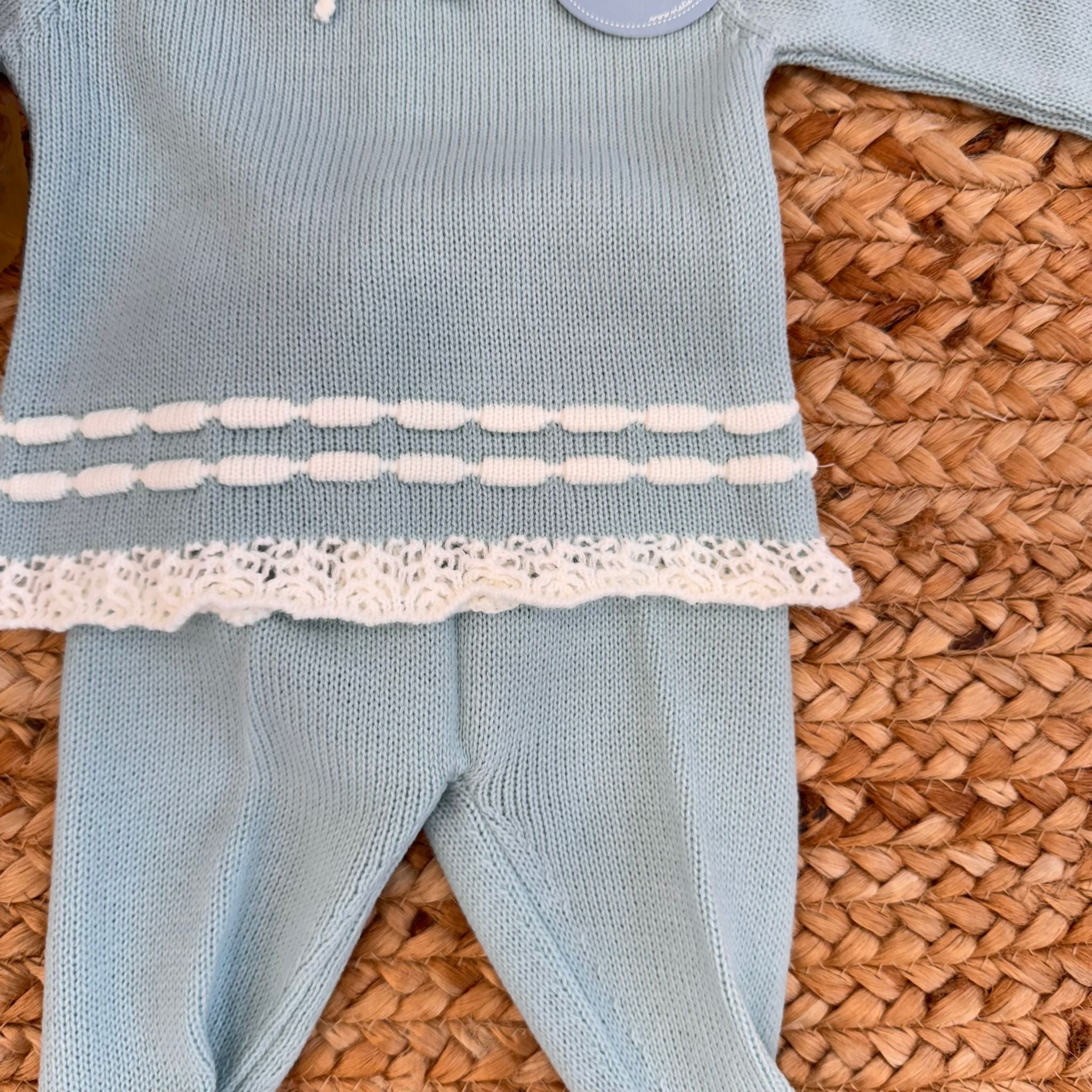 completo tricot turchese neonata con merletto e cuffietta

