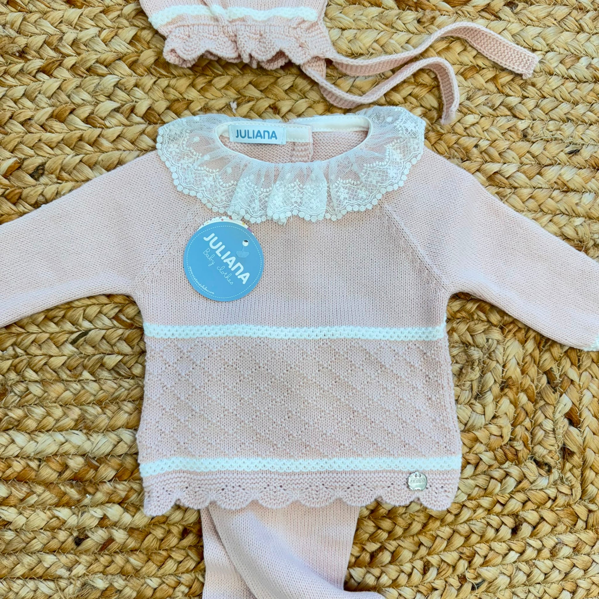 Completo nascita neonata rosa antico Juliana con maglia, ghettina e cuffietta